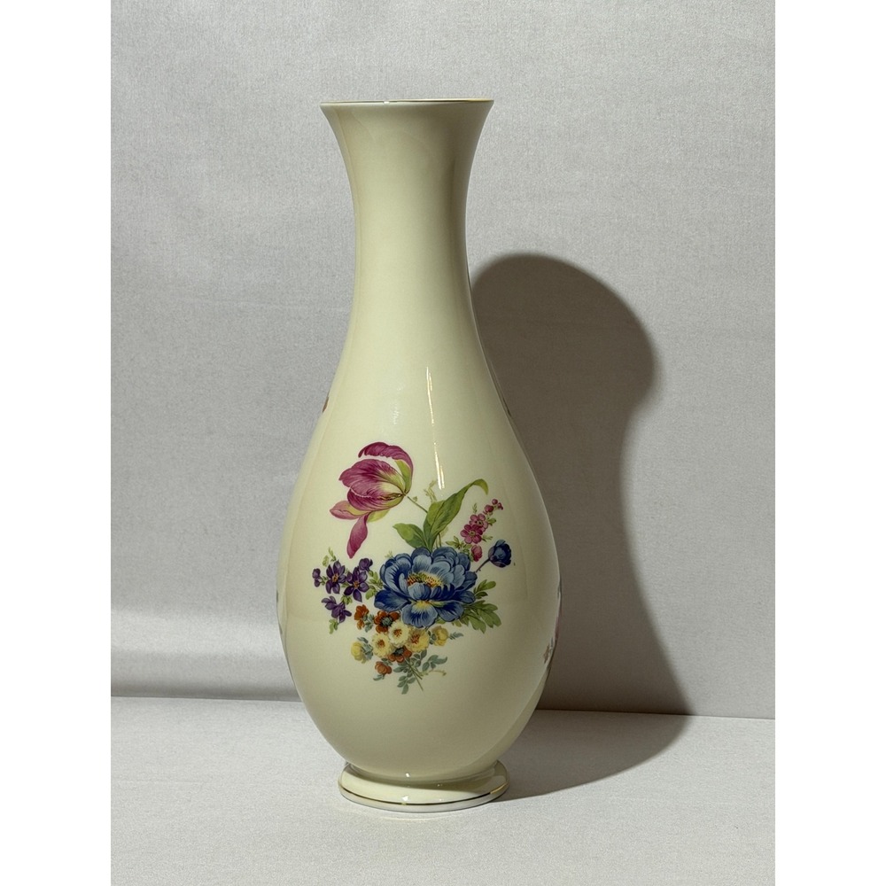 Vintage Bavaria Tirschenreuth Germany Porcelain Vase Ivory Floral with Gold Trim